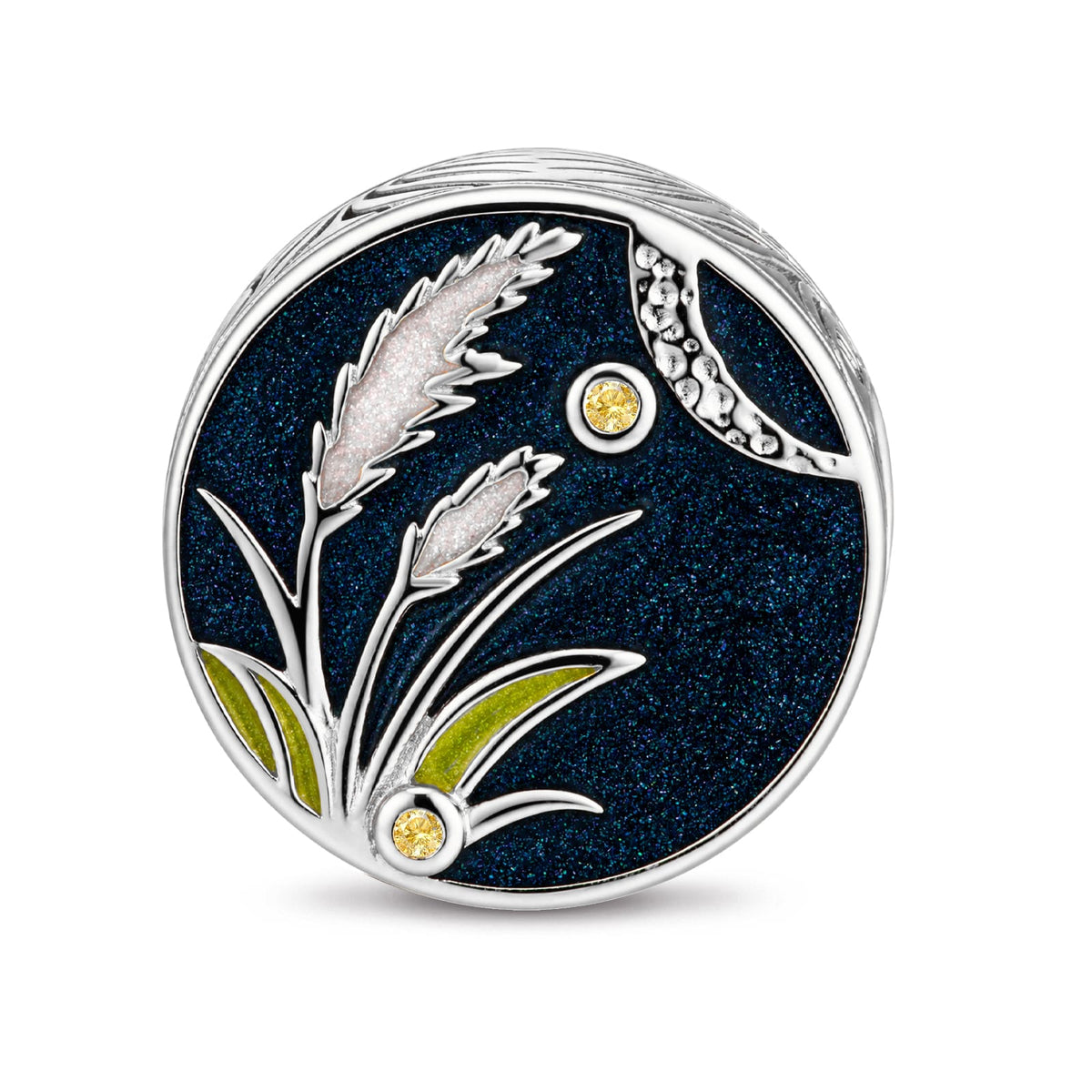 Harvest Moon Wheat Field Double-Sided Medallion Charm Bead In Tarnish-Resistant Silver