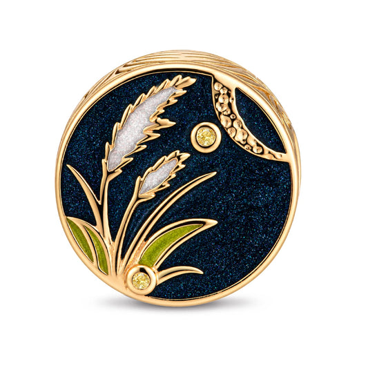 gona- Harvest Moon Wheat Field Double-Sided Medallion Charm Bead In Tarnish-Resistant Silver