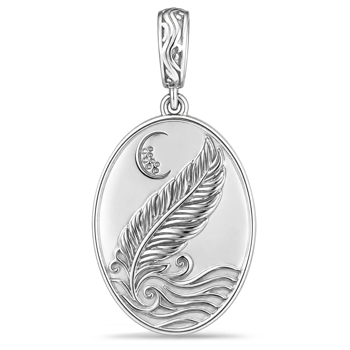 Day & Night Crane, Feather & Ocean Waves Double-Sided Oval Medallion Dangle Charm In Tarnish-Resistant Silver