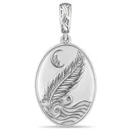 Day & Night Crane, Feather & Ocean Waves Double-Sided Oval Medallion Dangle Charm In Tarnish-Resistant Silver