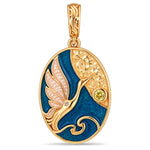Day & Night Crane, Feather & Ocean Waves Double-Sided Oval Medallion Dangle Charm In Tarnish-Resistant Silver