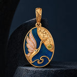 Day & Night Crane, Feather & Ocean Waves Double-Sided Oval Medallion Dangle Charm In Tarnish-Resistant Silver