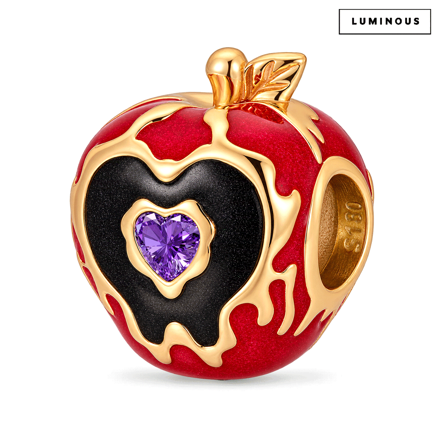 Halloween Luminous Red Enamel Dripping Poison Apple Charm Bead with Purple Heart Accent In Tarnish-Resistant Silver
