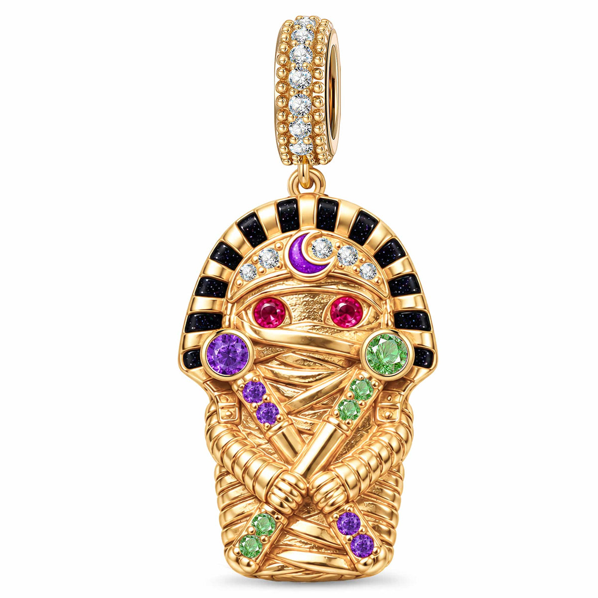 Halloween Egyptian Pharaoh Mummy Multicolor Pavé Dangle Charm In Tarnish-Resistant Silver