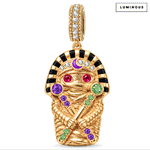 Egyptian Pharaoh Mummy Double-Sided Dangle Charm With Luminous Multicolor Pavé In 14K Gold Plated Tarnish-Resistant Silver