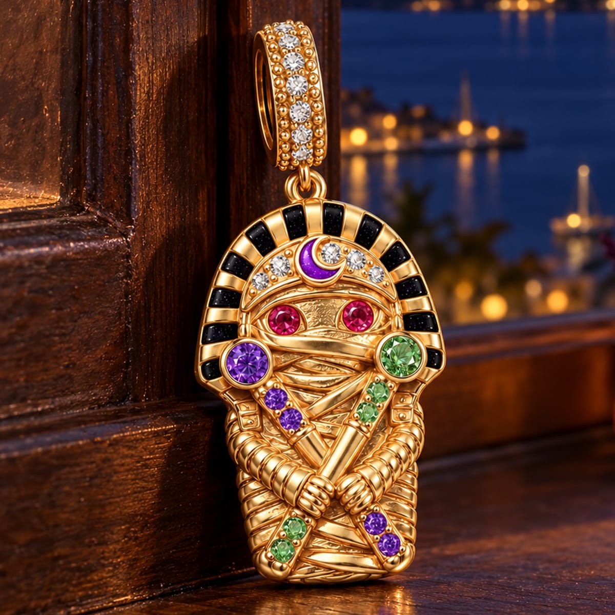 Egyptian Pharaoh Mummy Double-Sided Dangle Charm With Luminous Multicolor Pavé In 14K Gold Plated Tarnish-Resistant Silver