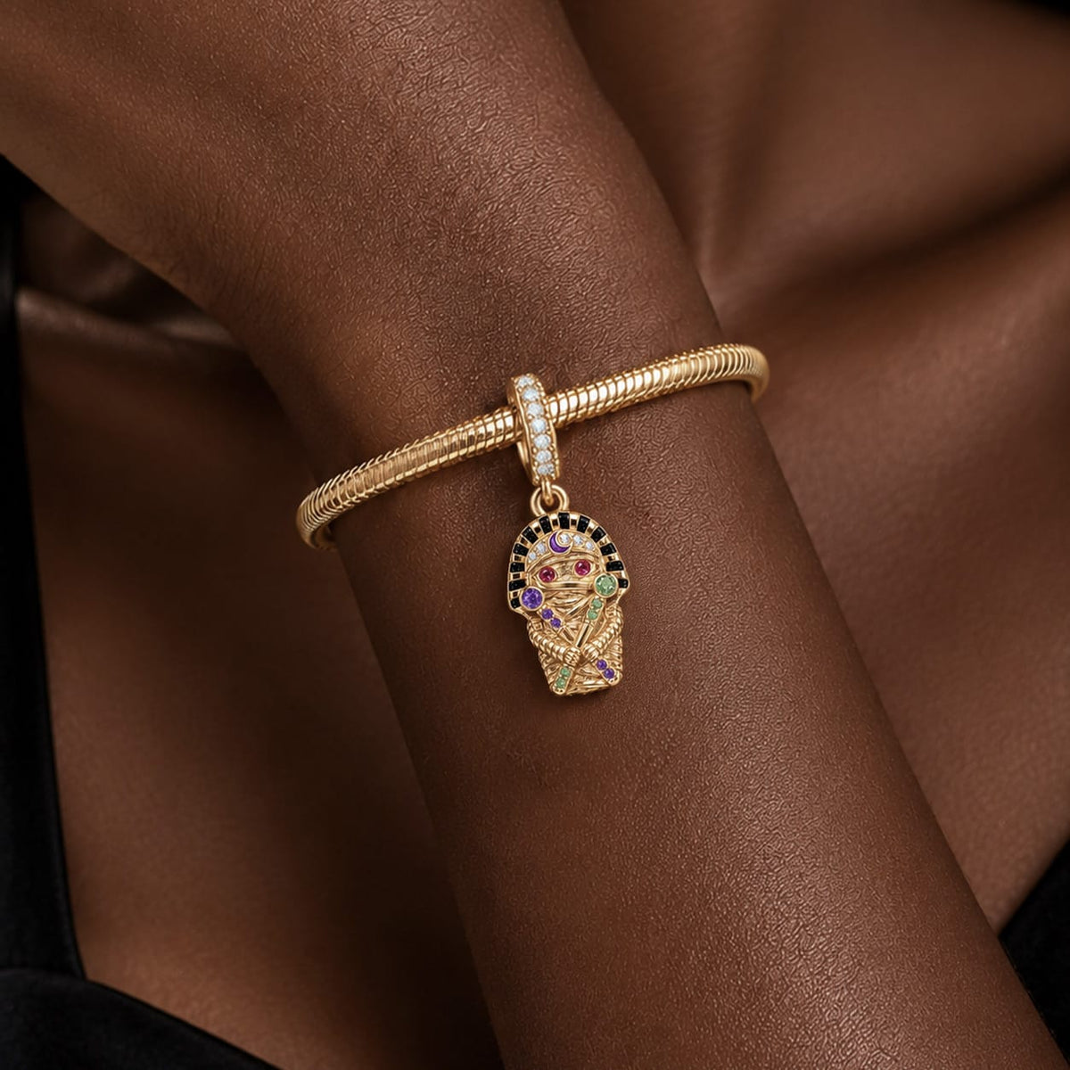 Egyptian Pharaoh Mummy Double-Sided Dangle Charm With Luminous Multicolor Pavé In 14K Gold Plated Tarnish-Resistant Silver