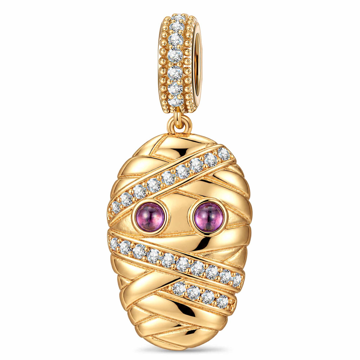 Halloween Purple-Eyed Pavé-Wrapped Mummy Dangle Charm In Tarnish-Resistant Silver