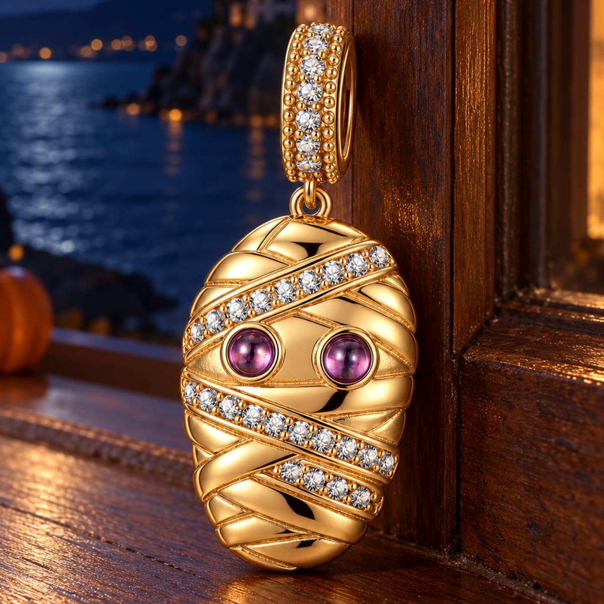 Halloween Purple-Eyed Pavé-Wrapped Mummy Dangle Charm In Tarnish-Resistant Silver
