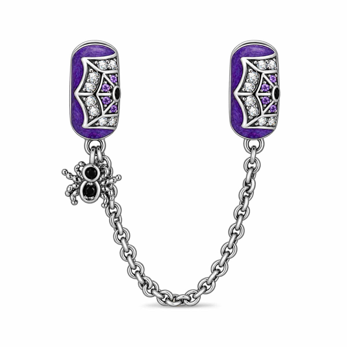Halloween Luminous Purple Enamel & Pavé Spiderweb Safety Chain Charm with Spider Dangle In Tarnish-Resistant Silver