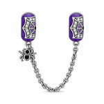 Halloween Luminous Purple Enamel & Pavé Spiderweb Safety Chain Charm with Spider Dangle In Tarnish-Resistant Silver