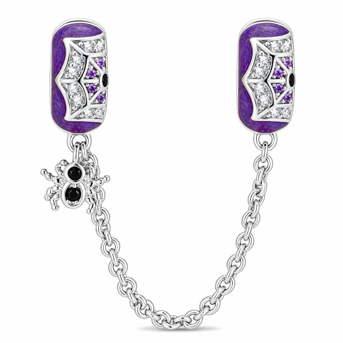 Halloween Luminous Purple Enamel & Pavé Spiderweb Safety Chain Charm with Spider Dangle In Tarnish-Resistant Silver