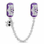 Halloween Luminous Purple Enamel & Pavé Spiderweb Safety Chain Charm with Spider Dangle In Tarnish-Resistant Silver