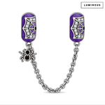Halloween Luminous Purple Enamel & Pavé Spiderweb Safety Chain Charm with Spider Dangle In Tarnish-Resistant Silver
