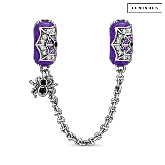 gona- Halloween Luminous Purple Enamel & Pavé Spiderweb Safety Chain Charm with Spider Dangle In Tarnish-Resistant Silver