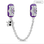 Halloween Luminous Purple Enamel & Pavé Spiderweb Safety Chain Charm with Spider Dangle In Tarnish-Resistant Silver