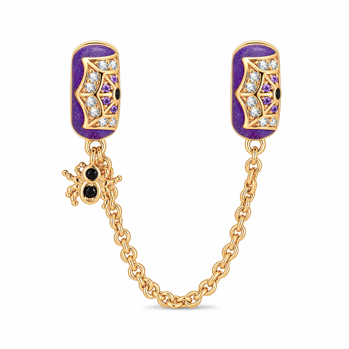 Halloween Luminous Purple Enamel & Pavé Spiderweb Safety Chain Charm with Spider Dangle In Tarnish-Resistant Silver