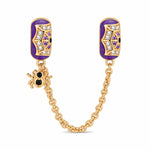 Halloween Luminous Purple Enamel & Pavé Spiderweb Safety Chain Charm with Spider Dangle In Tarnish-Resistant Silver
