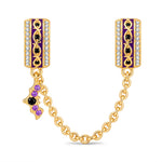 Halloween Luminous Purple Enamel Gothic Bat & Pavé Safety Chain Charm In Tarnish-Resistant Silver