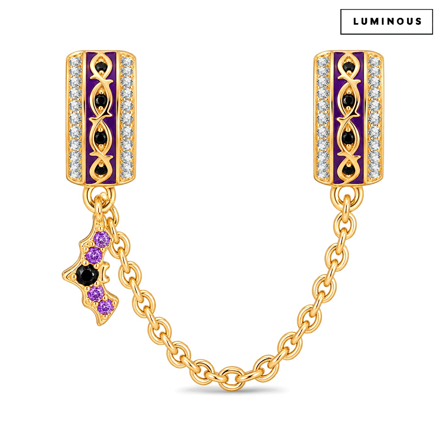 Halloween Luminous Purple Enamel Gothic Bat & Pavé Safety Chain Charm In Tarnish-Resistant Silver
