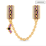 Halloween Luminous Purple Enamel Gothic Bat & Pavé Safety Chain Charm In Tarnish-Resistant Silver