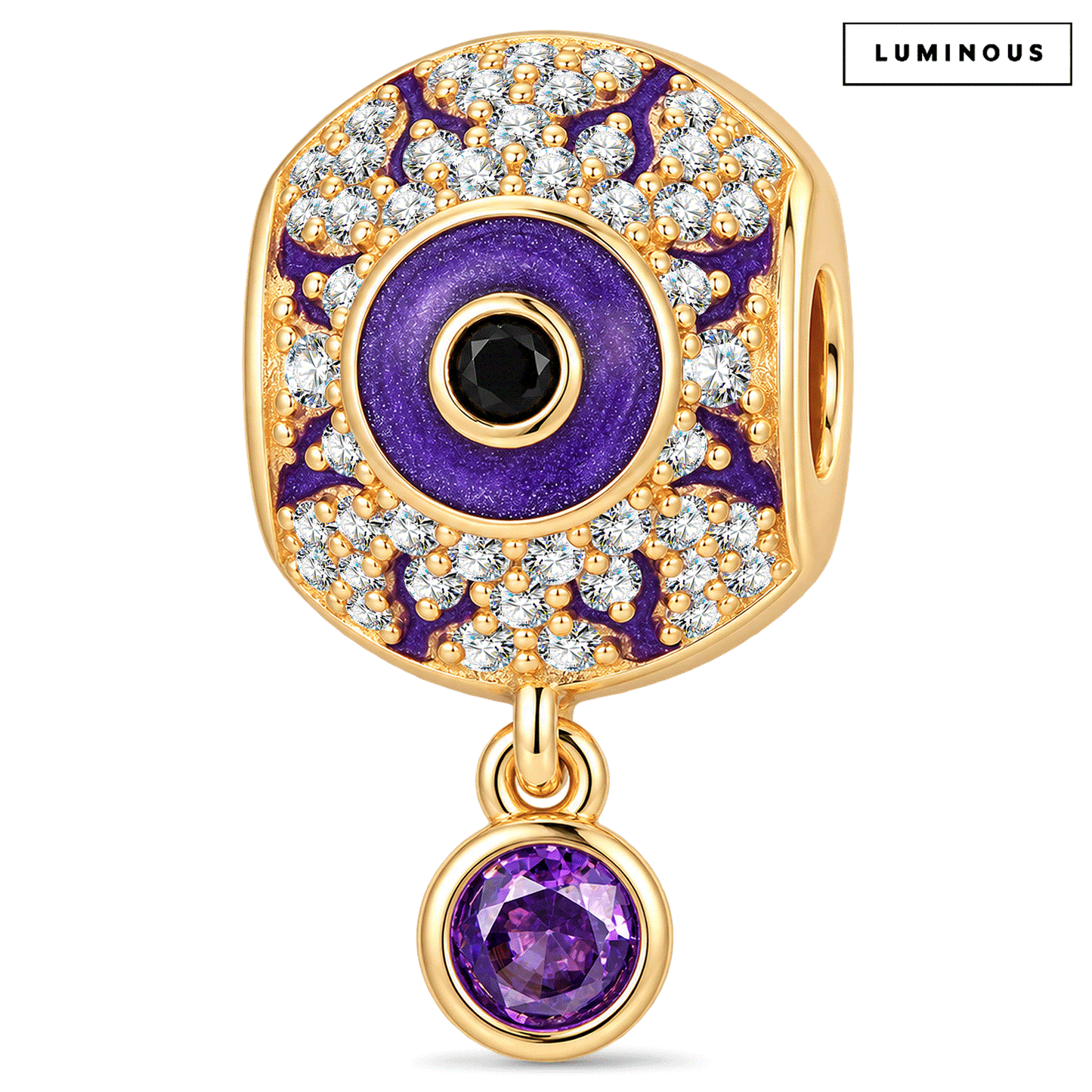 Luminous Purple Enamel Mystic Eye & Pavé Dangle Charm Bead In Tarnish-Resistant Silver