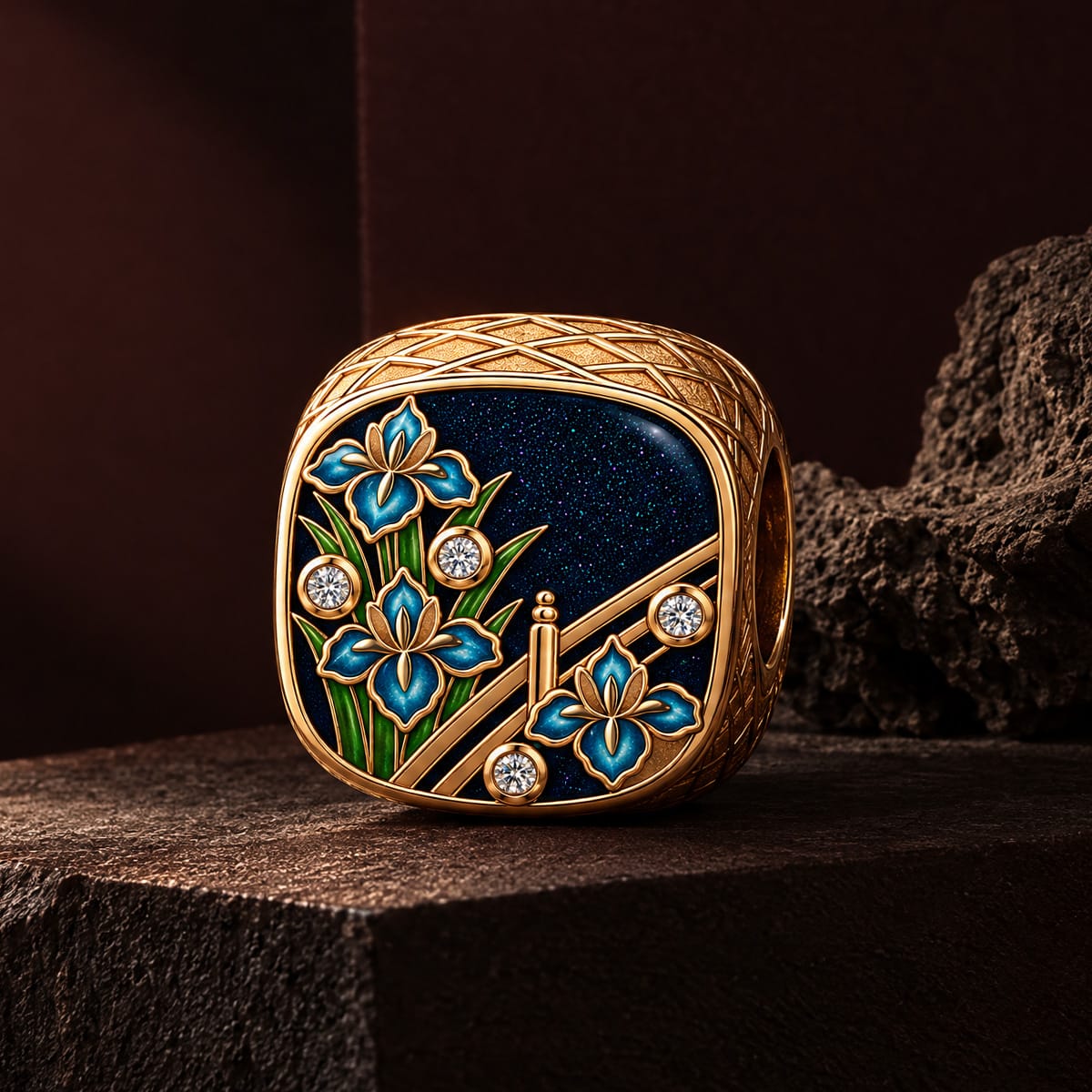 JAPONICA REVERIE “Iris Nocturne” Double-Sided Bead Charm With Crescent Moon Reverse Design In Tarnish-Resistant Silver