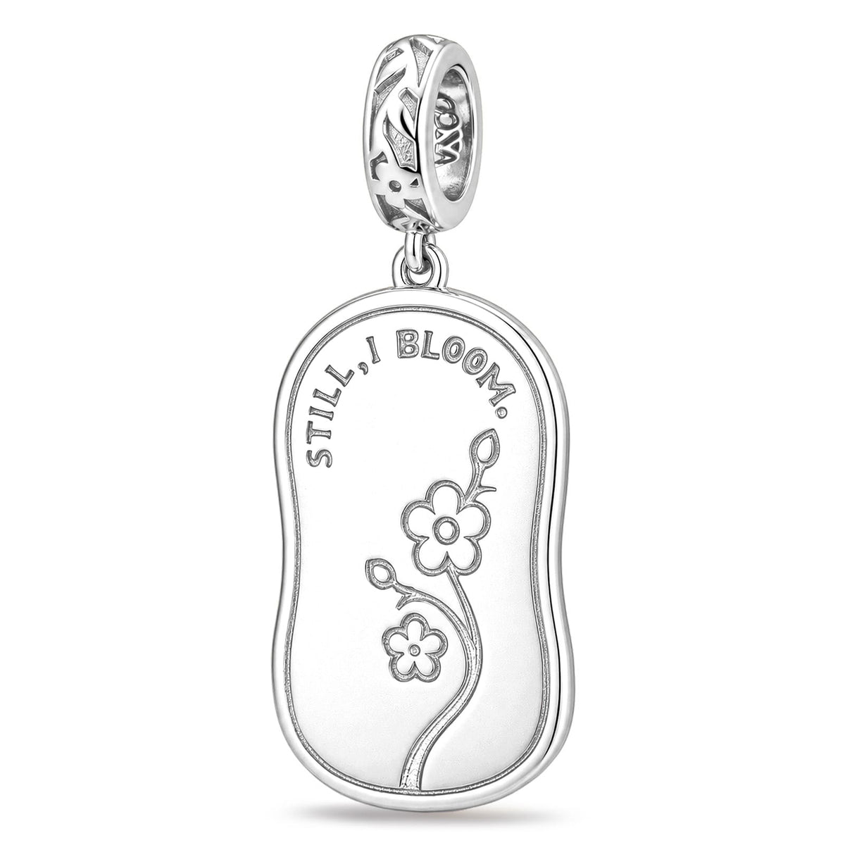 JAPONICA REVERIE “Still I Bloom” Double-Sided Floral Dangle Charm With Inscription on Reverse In Tarnish-Resistant Silver