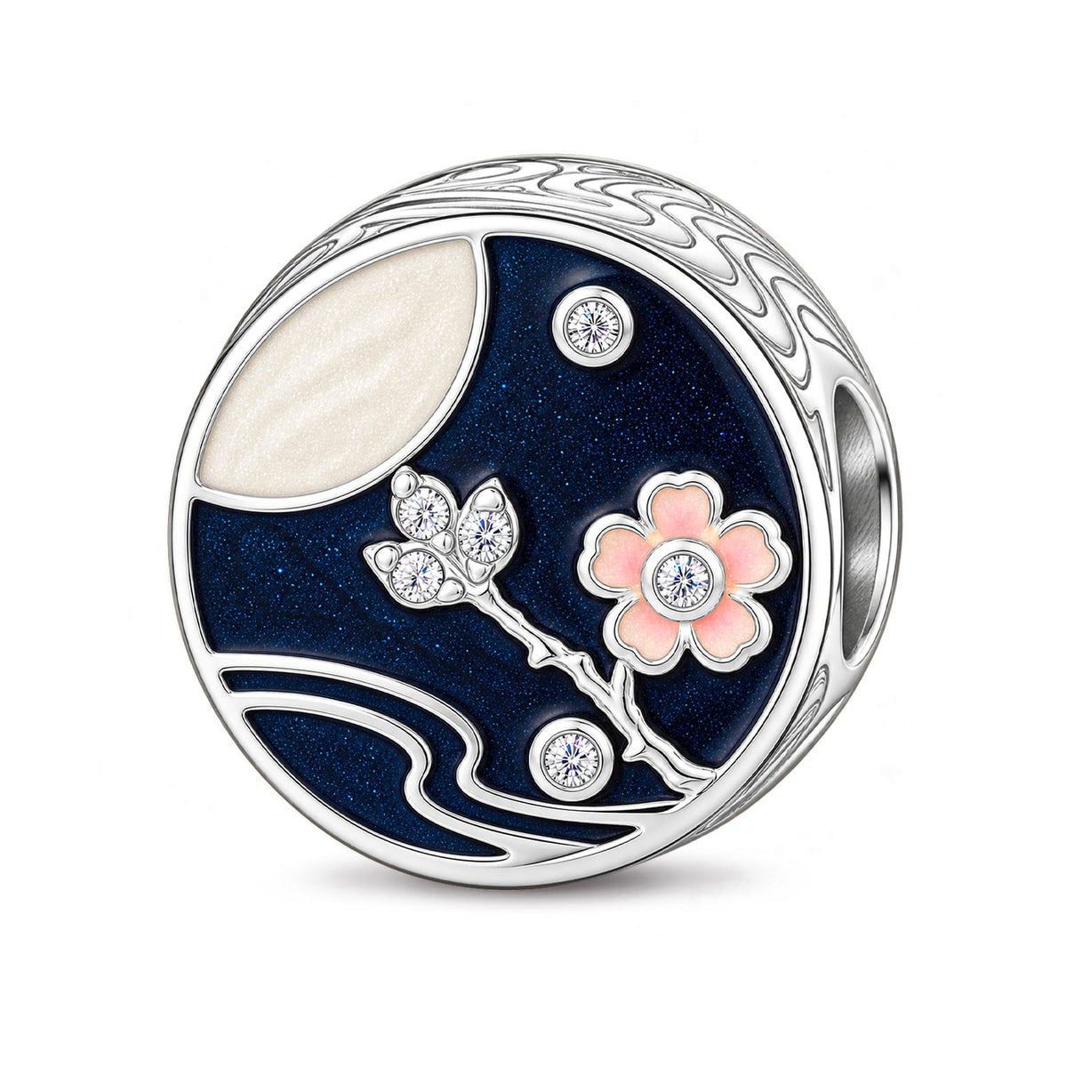 JAPONICA REVERIE “Sakura After Dark” Double-Sided Moonflower Bead Charm In Tarnish-Resistant Silver