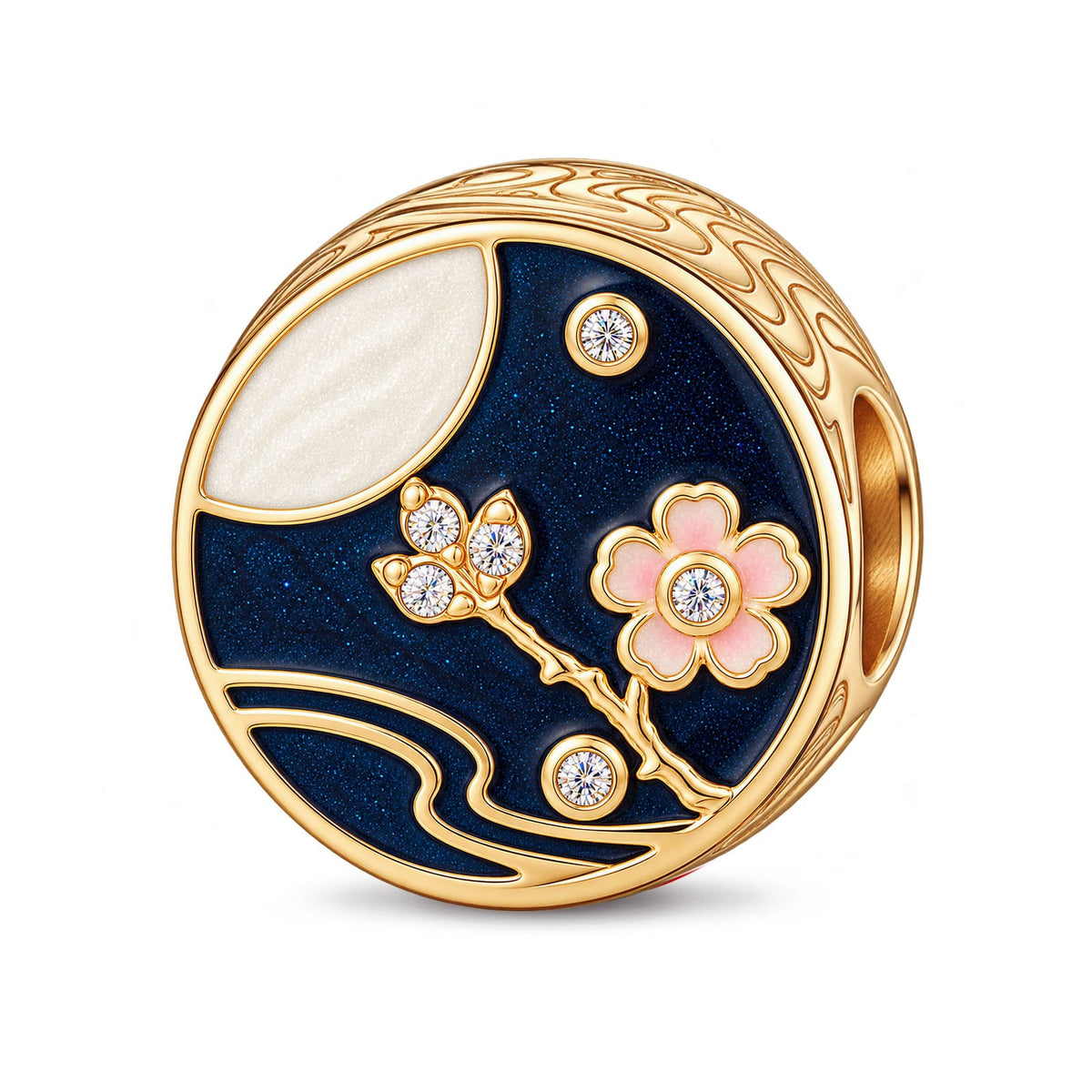 JAPONICA REVERIE “Sakura After Dark” Double-Sided Moonflower Bead Charm In Tarnish-Resistant Silver