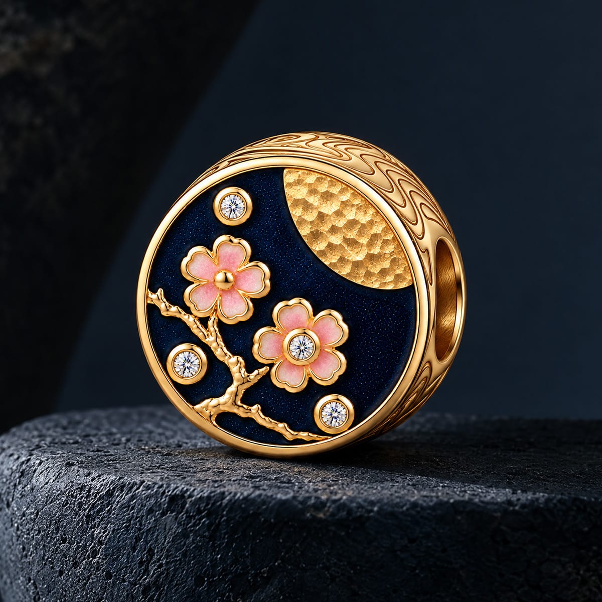 JAPONICA REVERIE “Sakura After Dark” Double-Sided Moonflower Bead Charm In Tarnish-Resistant Silver