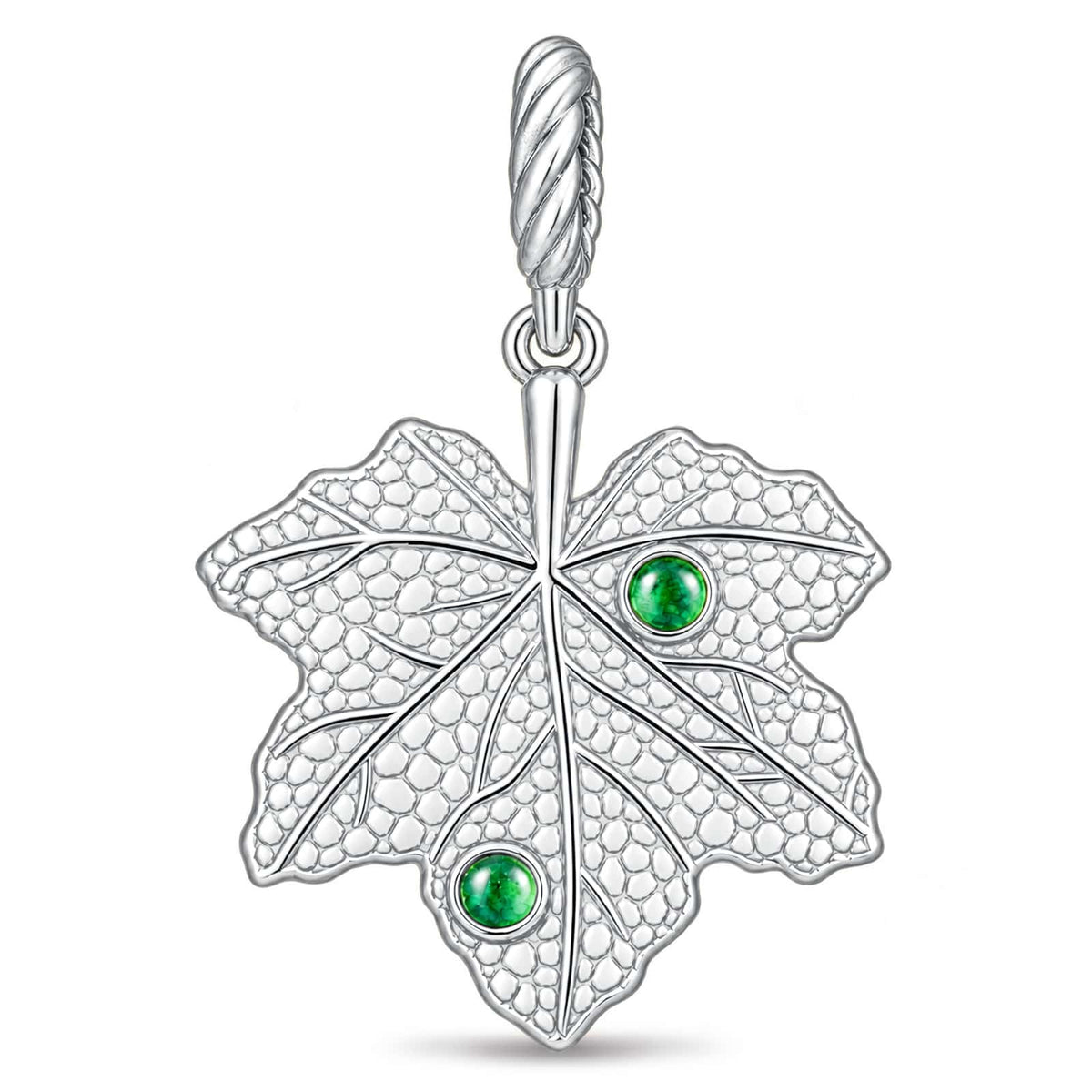 JAPONICA REVERIE “Autumn’s Last Light” Maple Leaf Dangle Charm With Emerald Accents In Tarnish-Resistant Silver