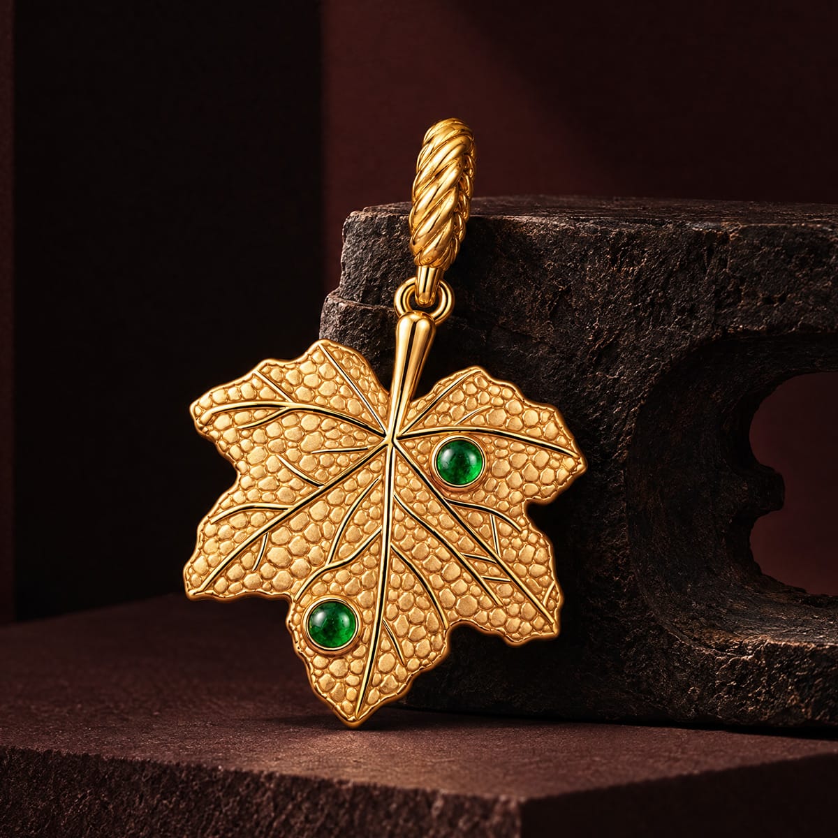 JAPONICA REVERIE “Autumn’s Last Light” Maple Leaf Dangle Charm With Emerald Accents In Tarnish-Resistant Silver