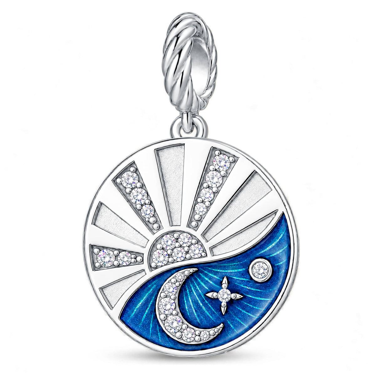 JAPONICA REVERIE “Day & Night” Double-Sided Celestial Compass Bead Charm With Greek Inscription “AENAH ΔYNAMH” (“Eternal Strength”) on Reverse In Tarnish-Resistant Silver
