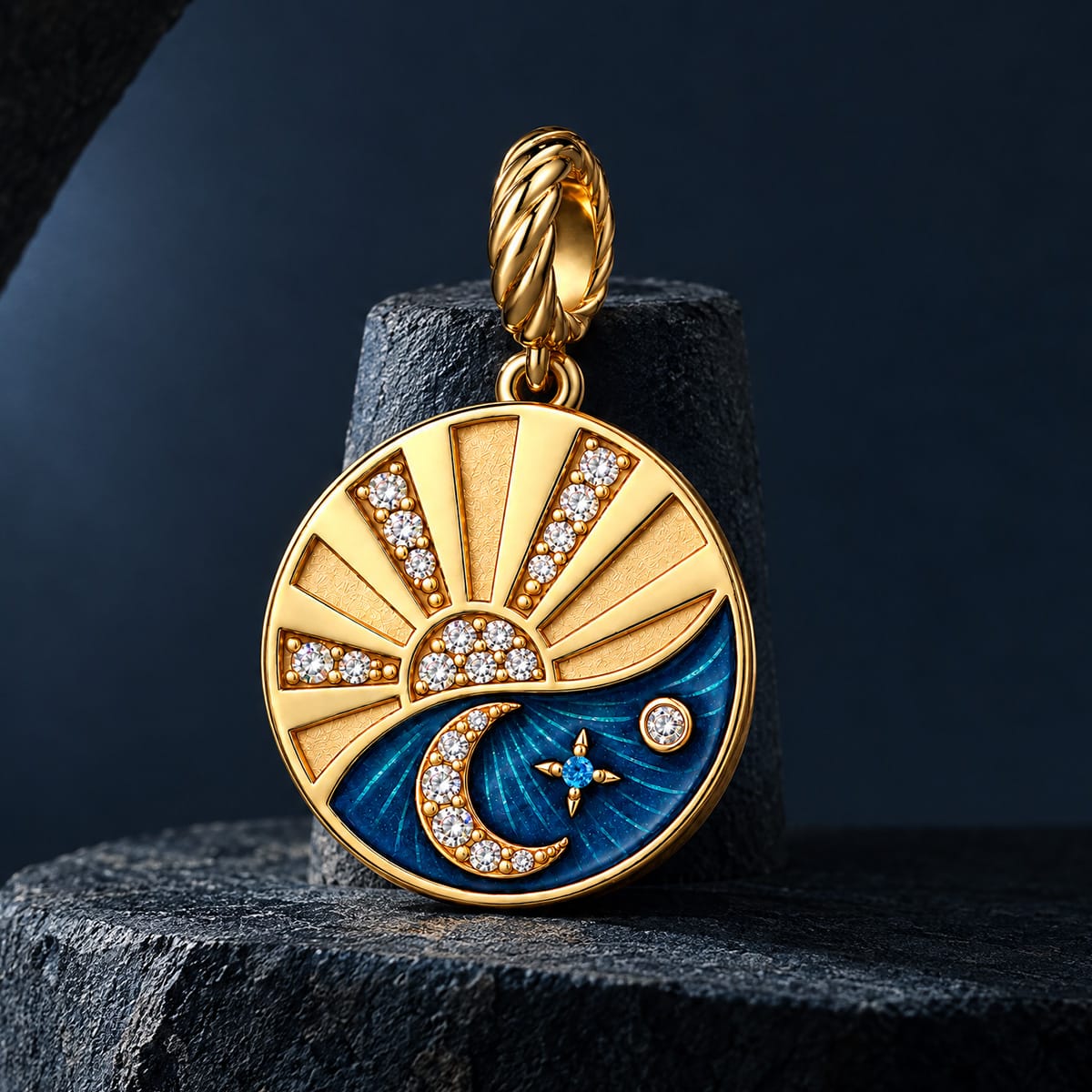 JAPONICA REVERIE “Day & Night” Double-Sided Celestial Compass Bead Charm With Greek Inscription “AENAH ΔYNAMH” (“Eternal Strength”) on Reverse In Tarnish-Resistant Silver