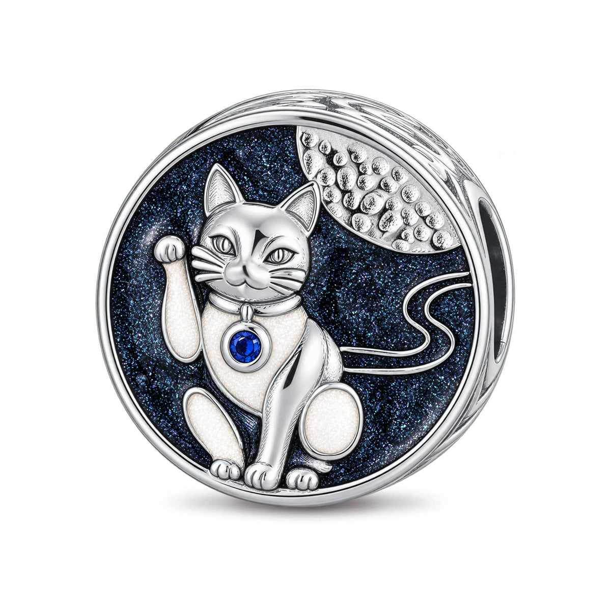 JAPONICA REVERIE “Moonlit Whiskers” Double-Sided Cat Bead Charm In Tarnish-Resistant Silver