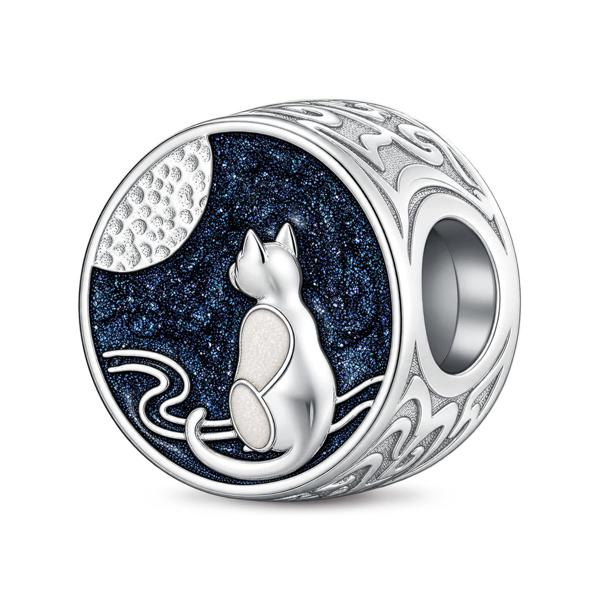 JAPONICA REVERIE “Moonlit Whiskers” Double-Sided Cat Bead Charm In Tarnish-Resistant Silver