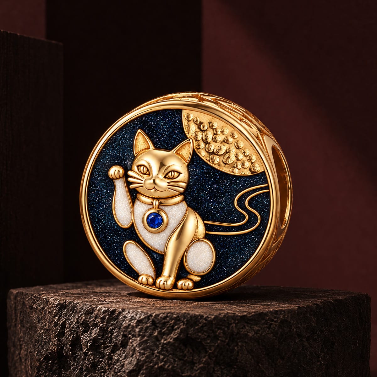 JAPONICA REVERIE “Moonlit Whiskers” Double-Sided Cat Bead Charm In Tarnish-Resistant Silver