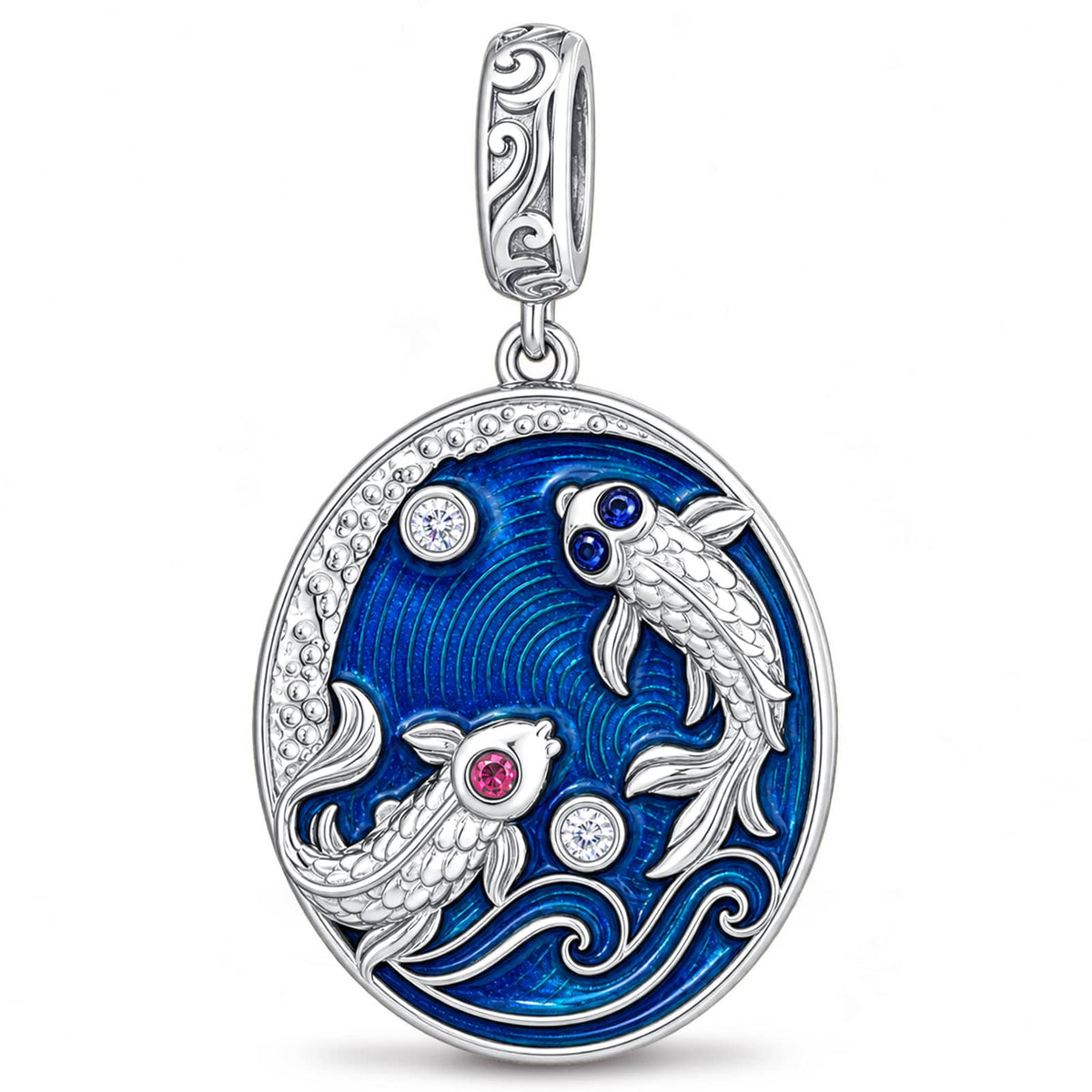 JAPONICA REVERIE “Koi Beneath the Moon” Double-Sided Dangle Charm In Tarnish-Resistant Silver