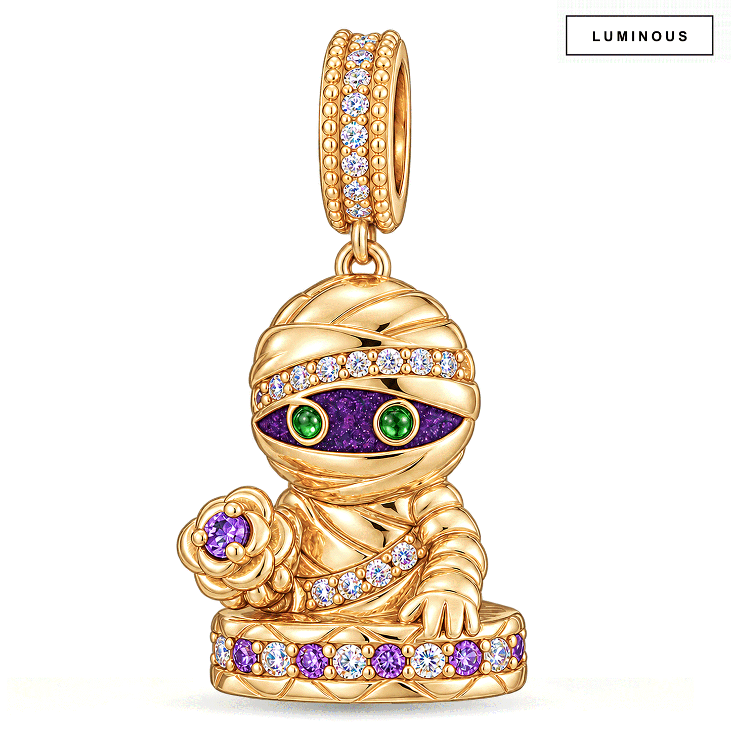 Midnight Zen Mummy Glow-in-the-Dark Dangle Charm In 14K Gold Plated Tarnish-resistant Silver (S180)