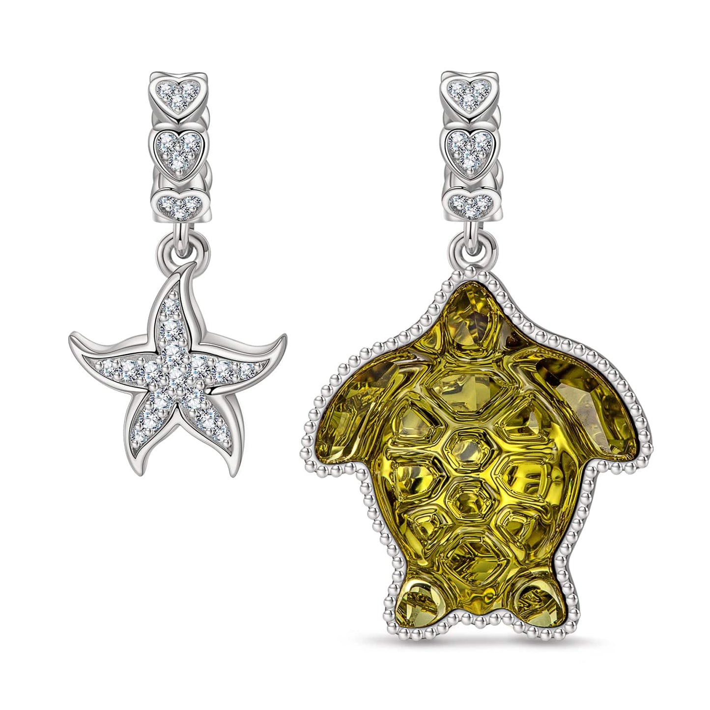 Turtle and Starfish Tarnish-resistant Silver Dangle Charms with Crystal from Swarovski In White Gold Plated