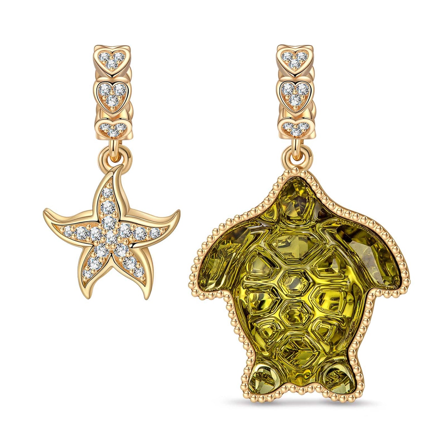 Turtle and Starfish Tarnish-resistant Silver Dangle Charms with Crystal from Swarovski In 14K Gold Plated