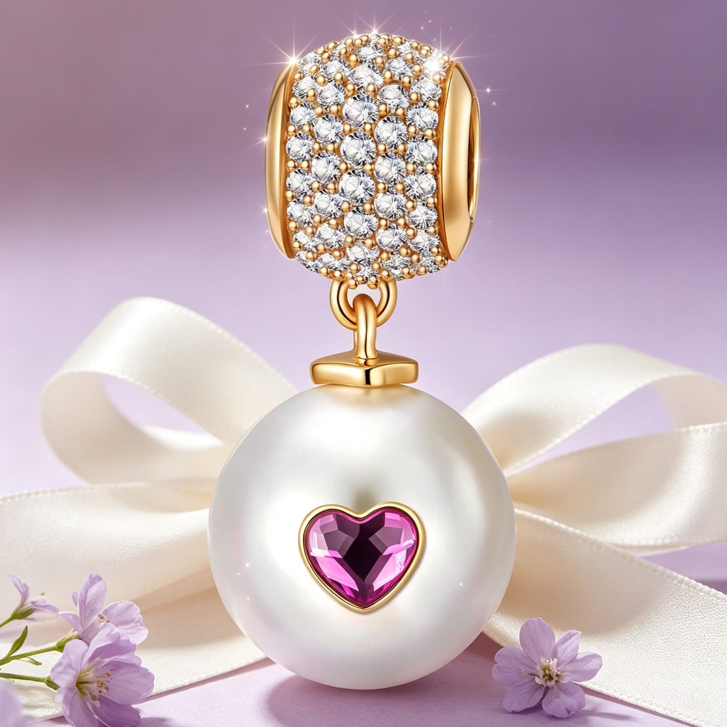 Valentine's Heart Tarnish-Resistant Silver Dangle Charm in 14K Gold Plated - Handcrafted with SWAROVSKI? Pearls and Crystals