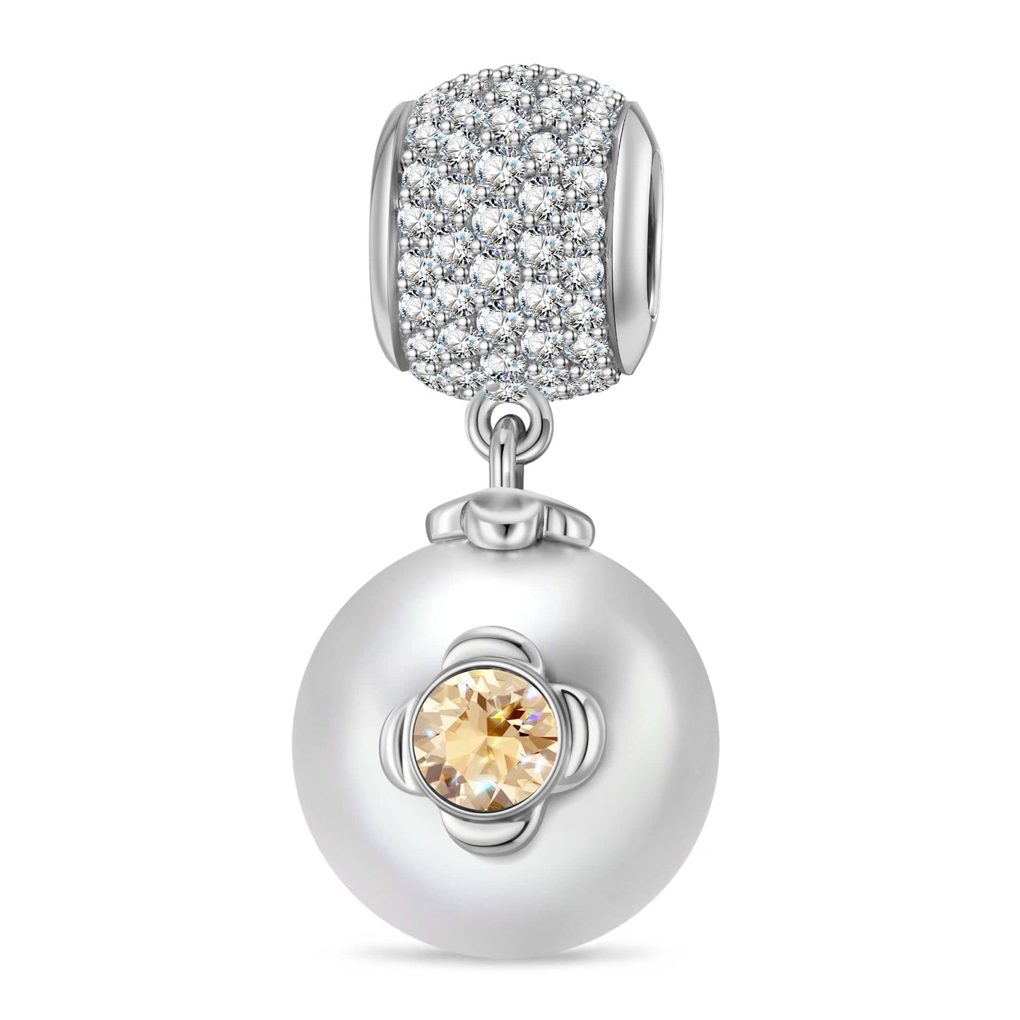 Rose Bloom Tarnish-Resistant Silver Dangle Charm in White Gold Plated - Handcrafted with SWAROVSKI® Pearls and Crystals