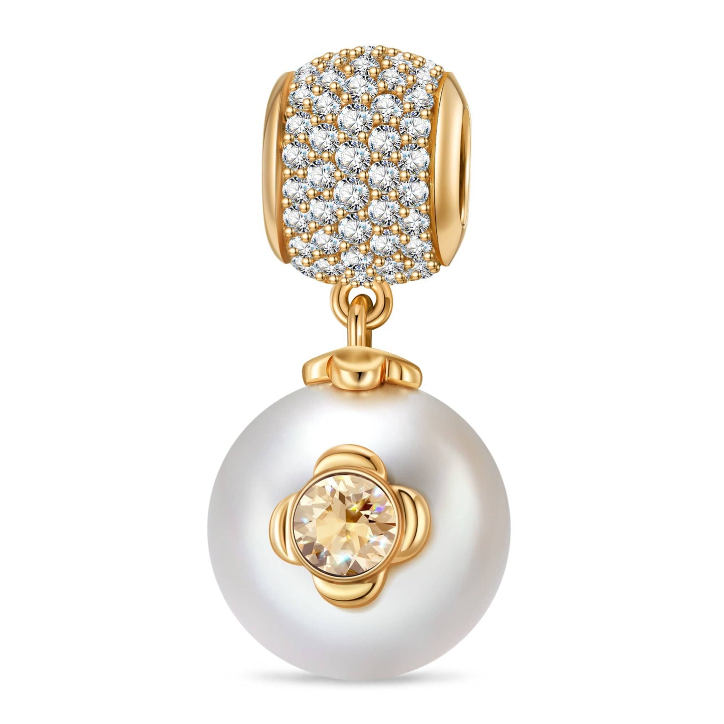 Golden Clover Pearl Dangle Charm in 14K Gold Plated Tarnish-Resistant Silver — Handcrafted with Swarovski®Crystals