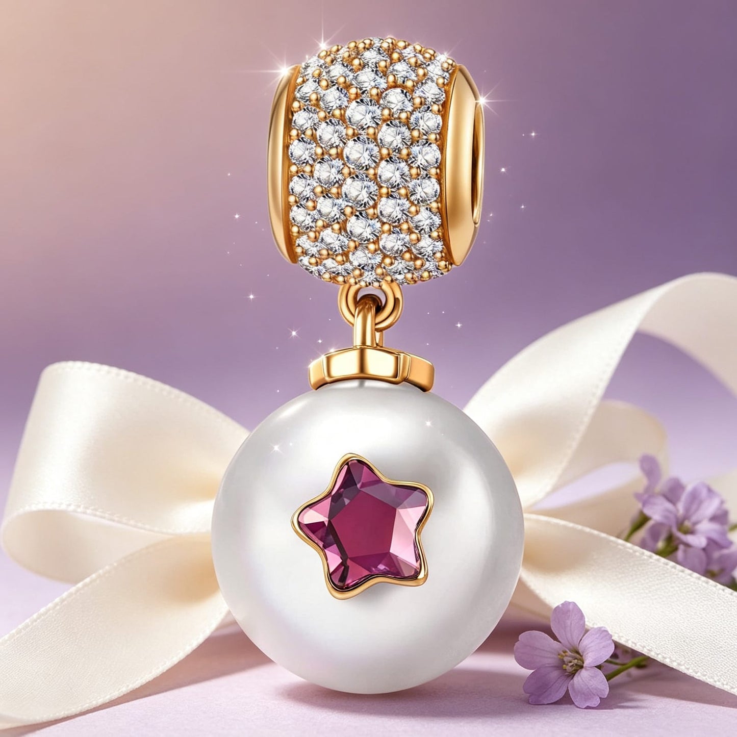 Orchid Pearl Tarnish-Resistant Silver Dangle Charm in 14K Gold Plated - Handcrafted with SWAROVSKI? Pearls and Crystals