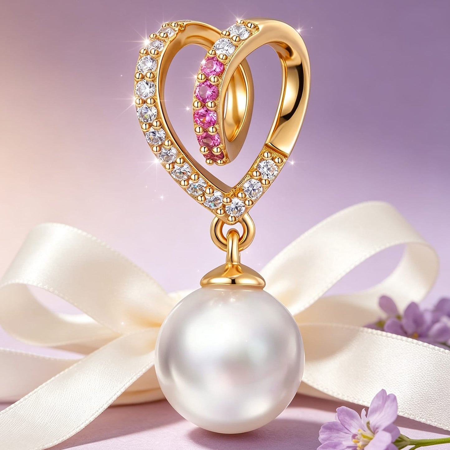 Eternal Love Heart Pearl Tarnish-resistant Silver Dangle Charms In 14K Gold Plated