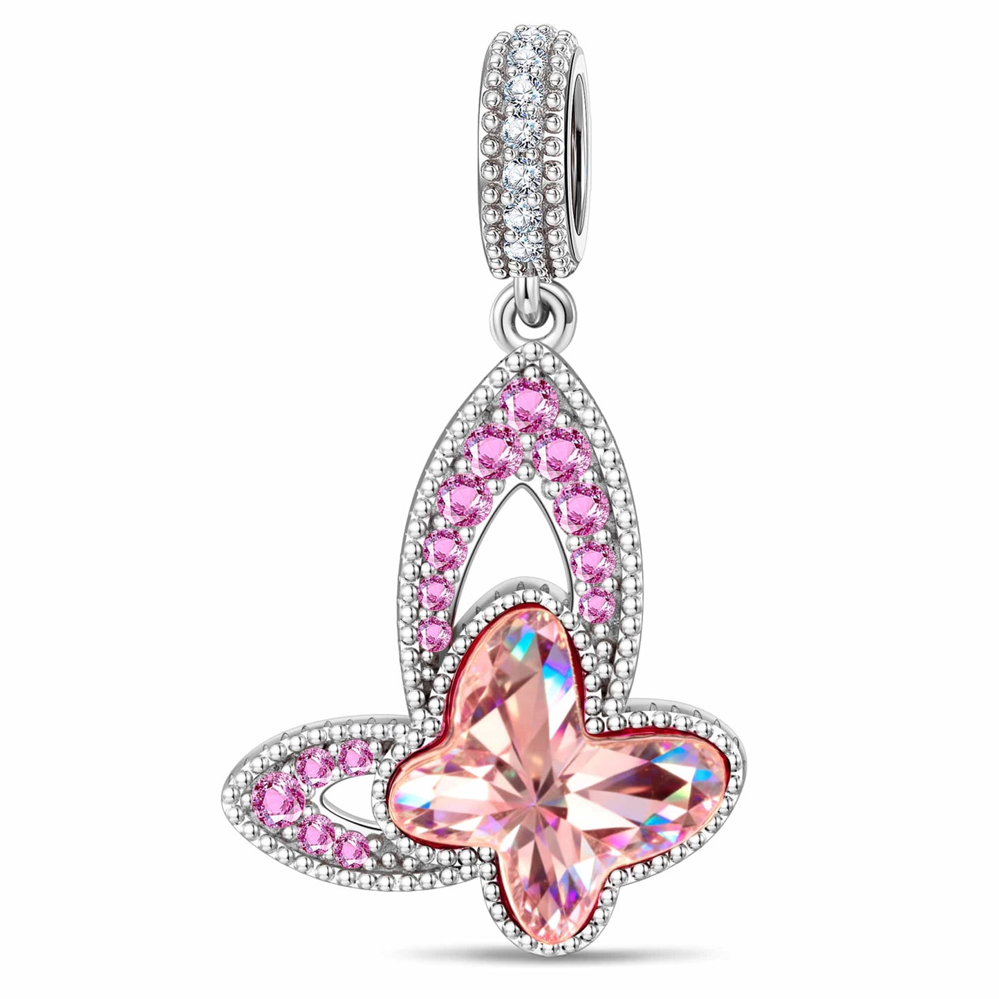 Pink Butterfly Dangle Charm Created With Swarovski@ Crystals White Gold-Plated Tarnish- Resistant Silver
