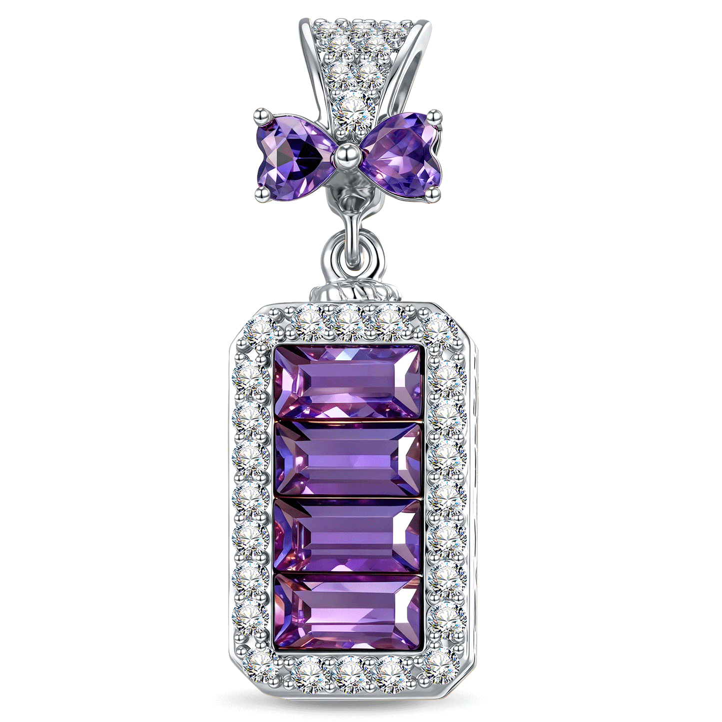 Baguette Purple Bow Dangle Charm Tarnish-Resistant Silver In White Gold Plated - Created with Swarovski® Crystals