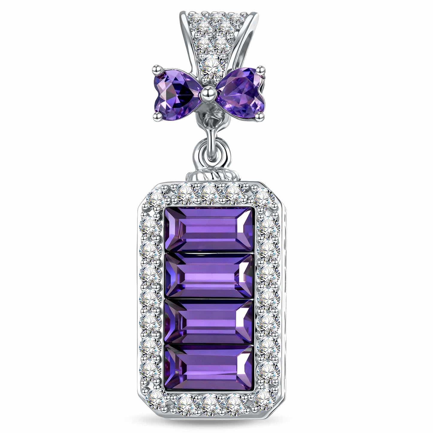 Baguette Purple Crystal Bow Dangle Charm Tarnish-Resistant Silver In White Gold Plated